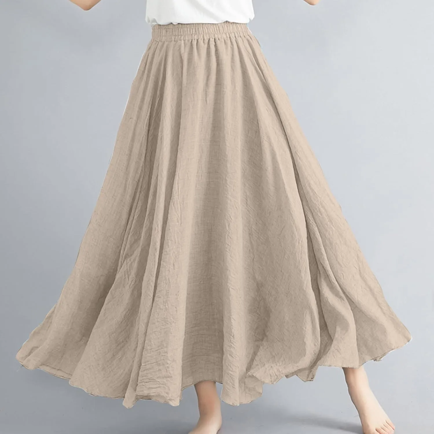 Womens Linen Maxi Skirts Flowy Elegant Pleated Solid Color Skirt High Waisted Plus Size 2025 Trendy Summer Dress