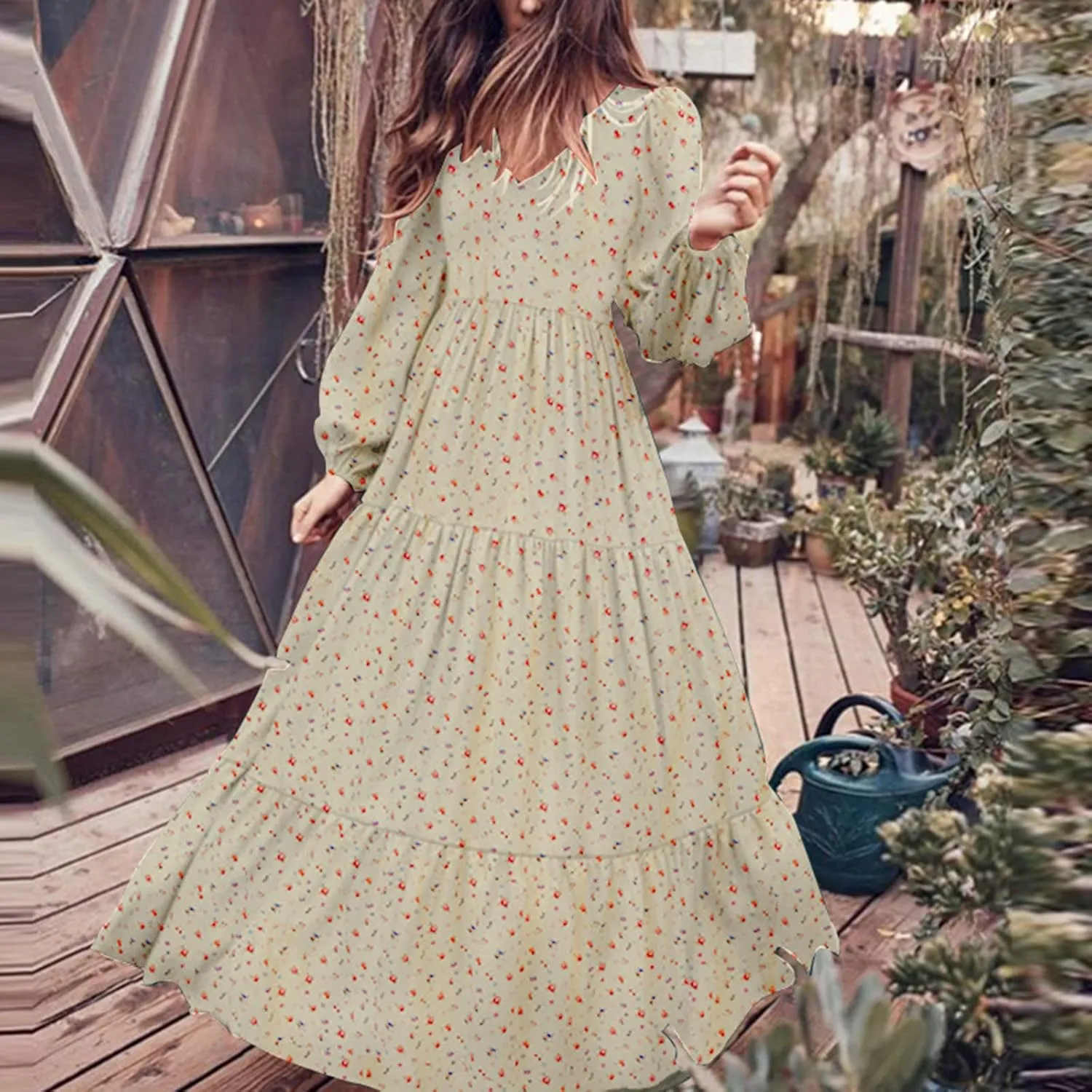 Womens Long Sleeve Boho Dresses V Neck Ditsy Floral Print Ruffle Tiered Maxi Dress Tie Waist Chiffon Flowy Swing Dress