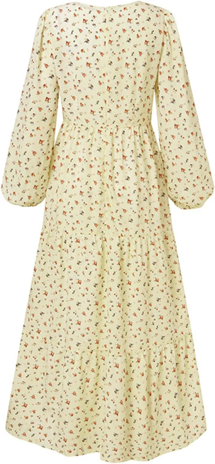 Womens Long Sleeve Boho Dresses V Neck Ditsy Floral Print Ruffle Tiered Maxi Dress Tie Waist Chiffon Flowy Swing Dress