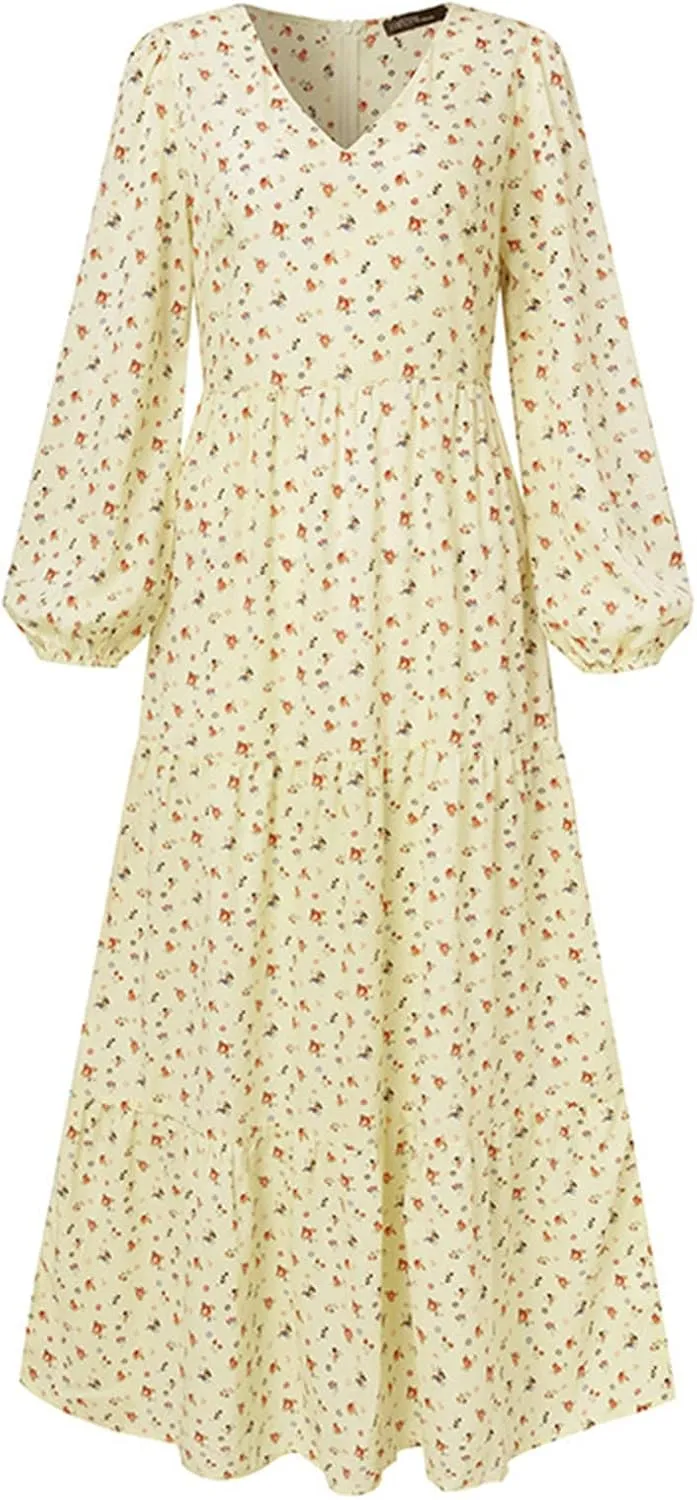 Womens Long Sleeve Boho Dresses V Neck Ditsy Floral Print Ruffle Tiered Maxi Dress Tie Waist Chiffon Flowy Swing Dress