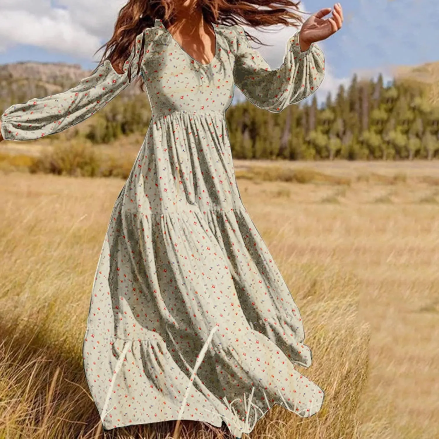 Womens Long Sleeve Boho Dresses V Neck Ditsy Floral Print Ruffle Tiered Maxi Dress Tie Waist Chiffon Flowy Swing Dress