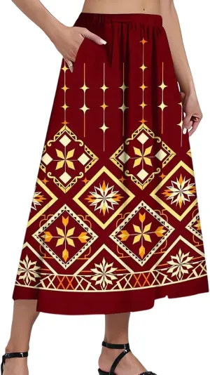 Women's Midi Boho Floral Skirts Trendy A Line Skirt Comfy Flowy High Elastic Waist Skorts with Pockets