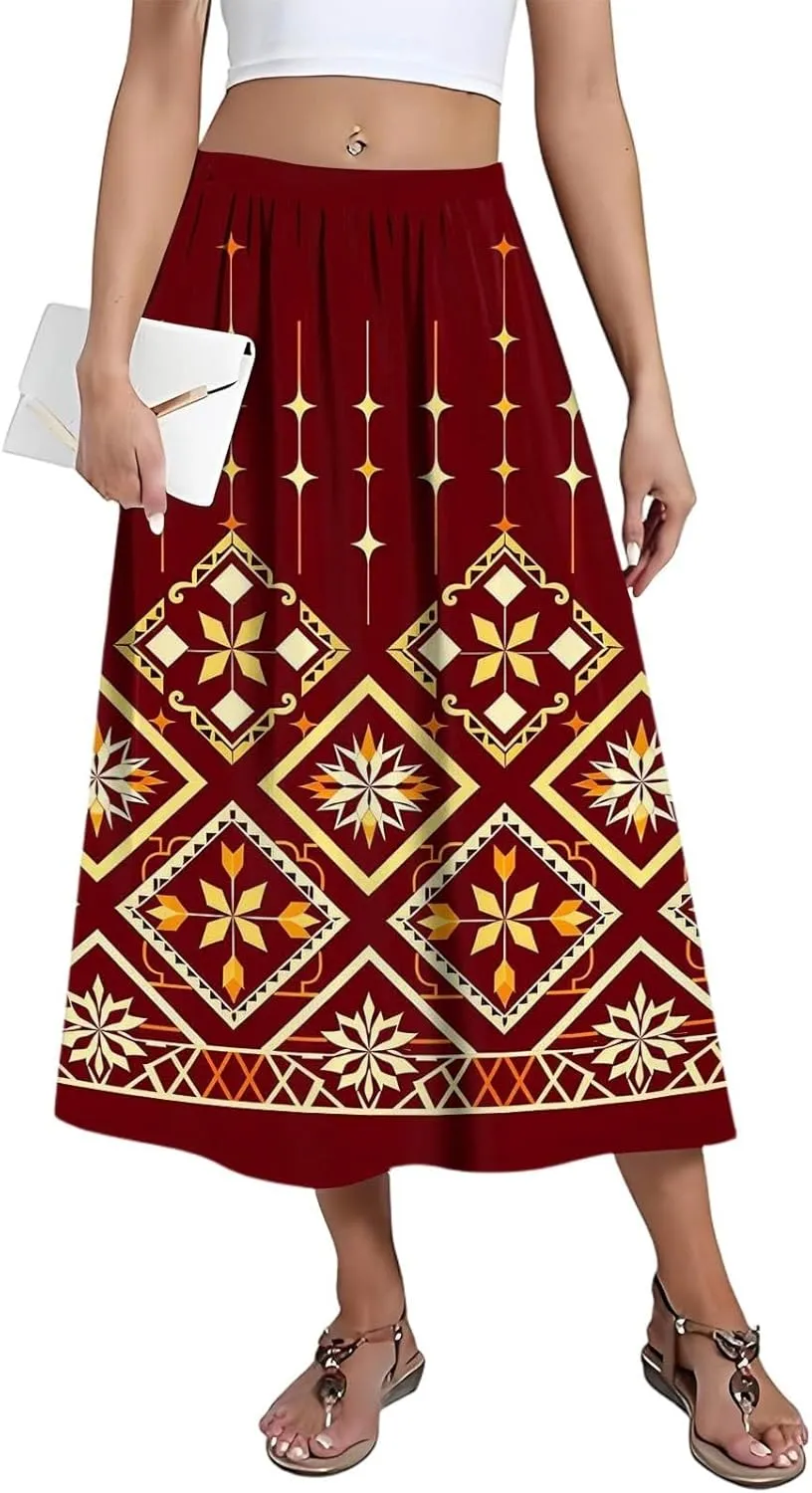 Women's Midi Boho Floral Skirts Trendy A Line Skirt Comfy Flowy High Elastic Waist Skorts with Pockets