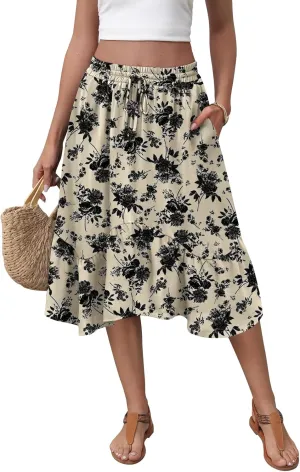 Women's Midi Skirt Summer Flowy Tiered Asymmetrical High Waisted Casual Skirts with Pockets