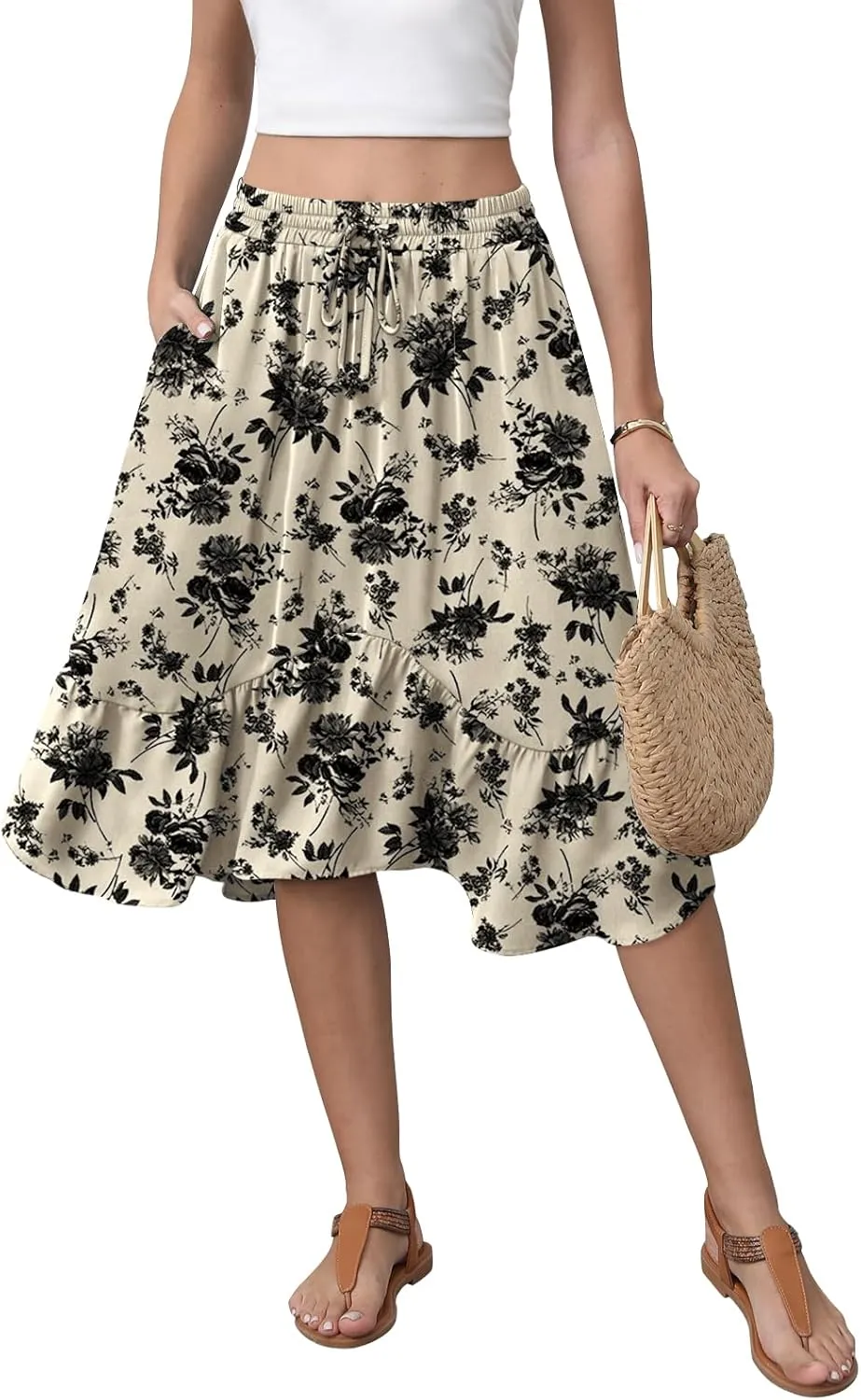 Women's Midi Skirt Summer Flowy Tiered Asymmetrical High Waisted Casual Skirts with Pockets