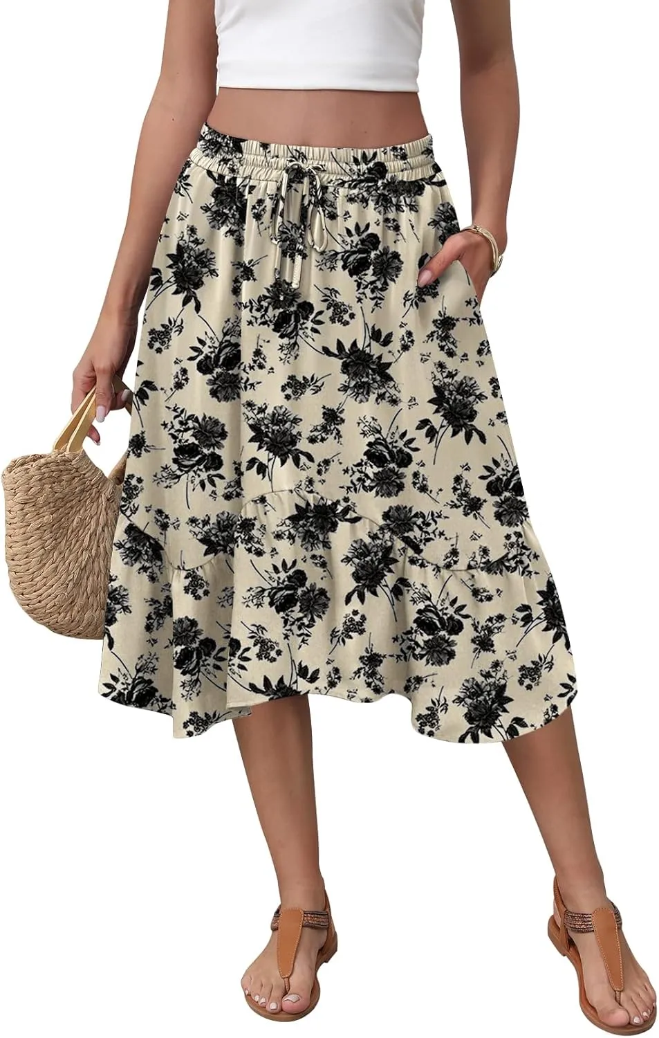 Women's Midi Skirt Summer Flowy Tiered Asymmetrical High Waisted Casual Skirts with Pockets