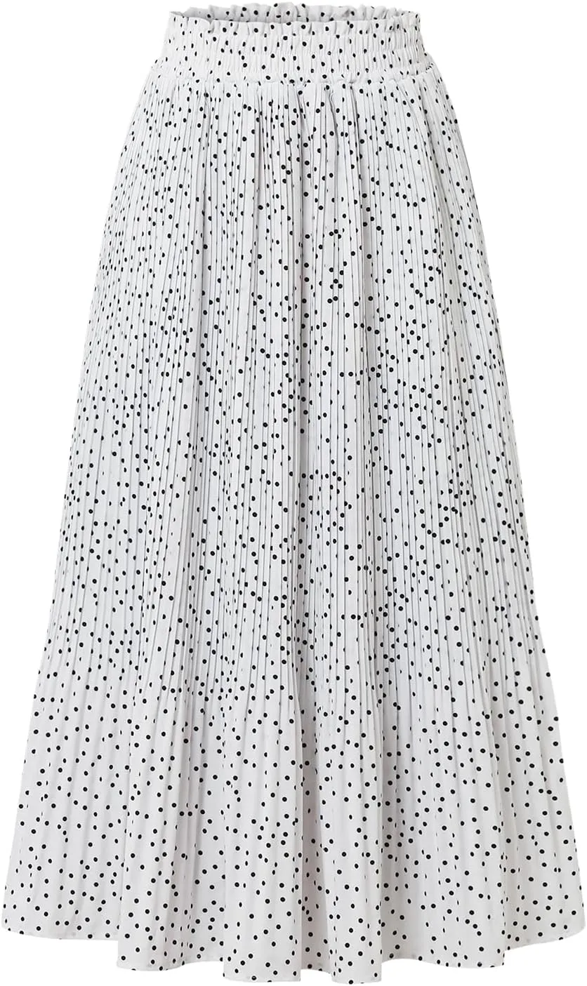 Womens Midi Skirts High Waisted Polka Dot Pleated A-Line Swing Skirts Summer Fall Long Skirts with Pockets
