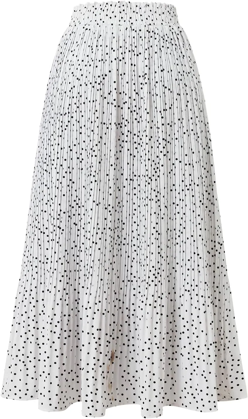 Womens Midi Skirts High Waisted Polka Dot Pleated A-Line Swing Skirts Summer Fall Long Skirts with Pockets