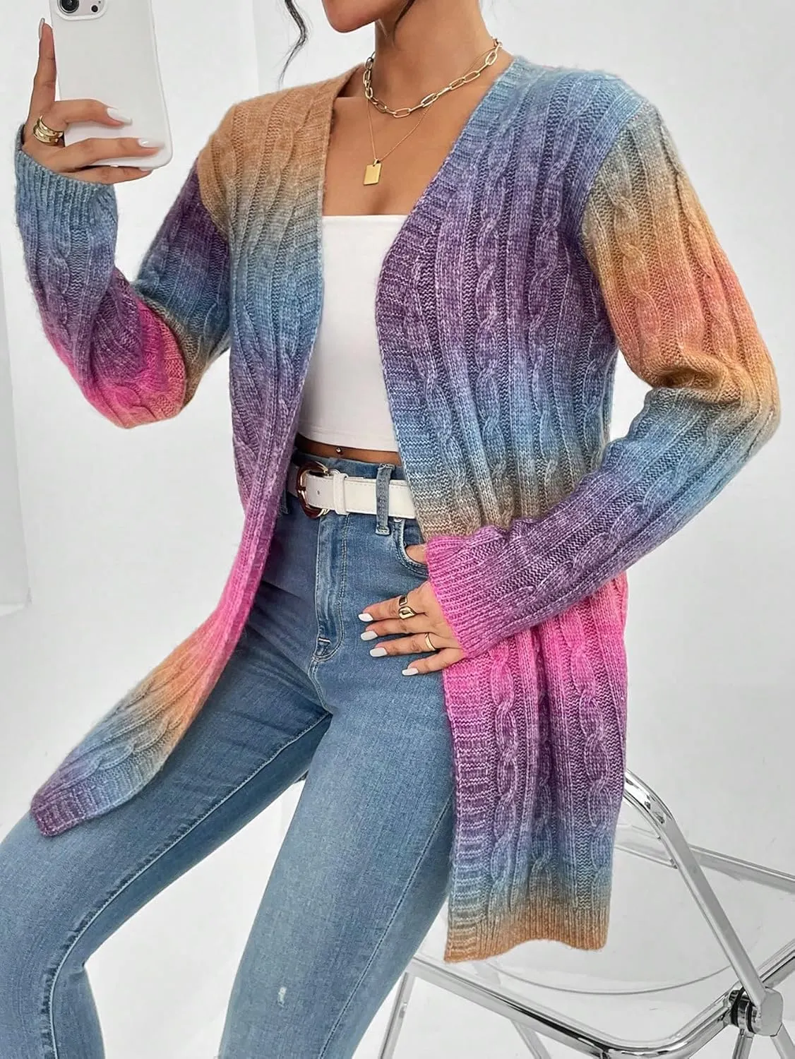 Women's Ombre Print Knitted Cardigan Sweater Long Sleeve Open Front Loose Outwear