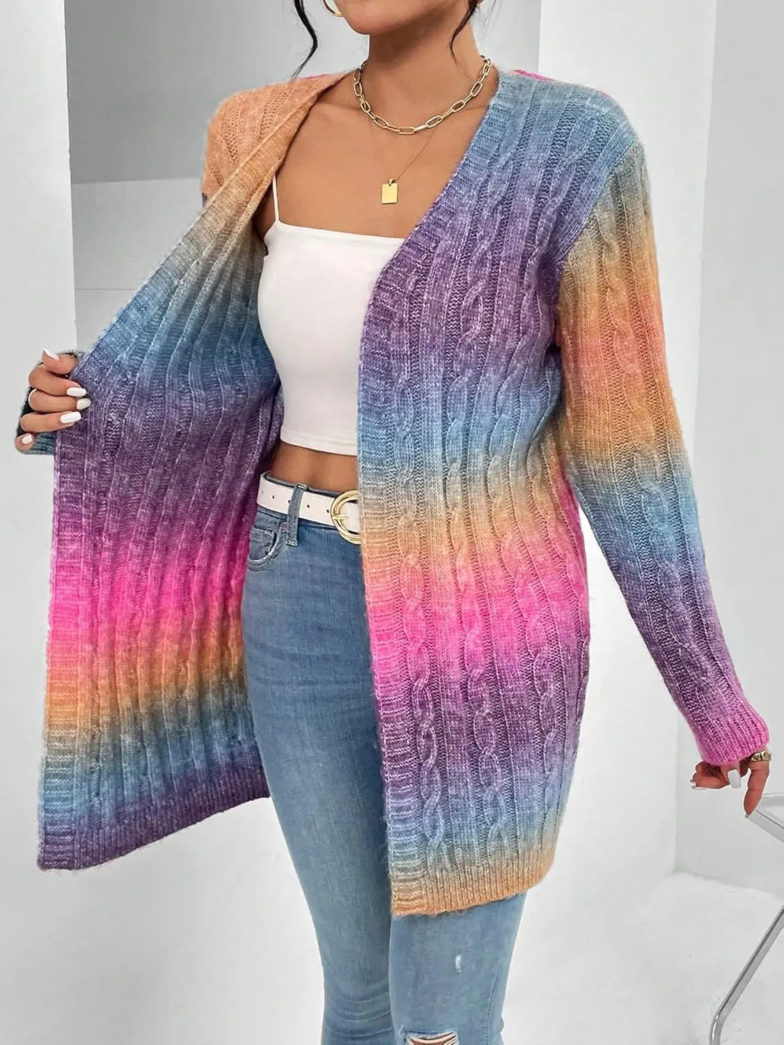 Women's Ombre Print Knitted Cardigan Sweater Long Sleeve Open Front Loose Outwear