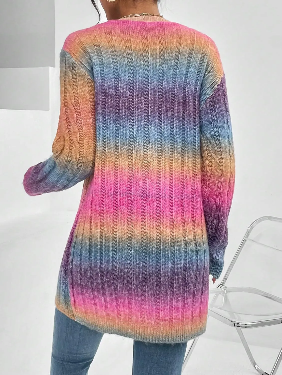 Women's Ombre Print Knitted Cardigan Sweater Long Sleeve Open Front Loose Outwear