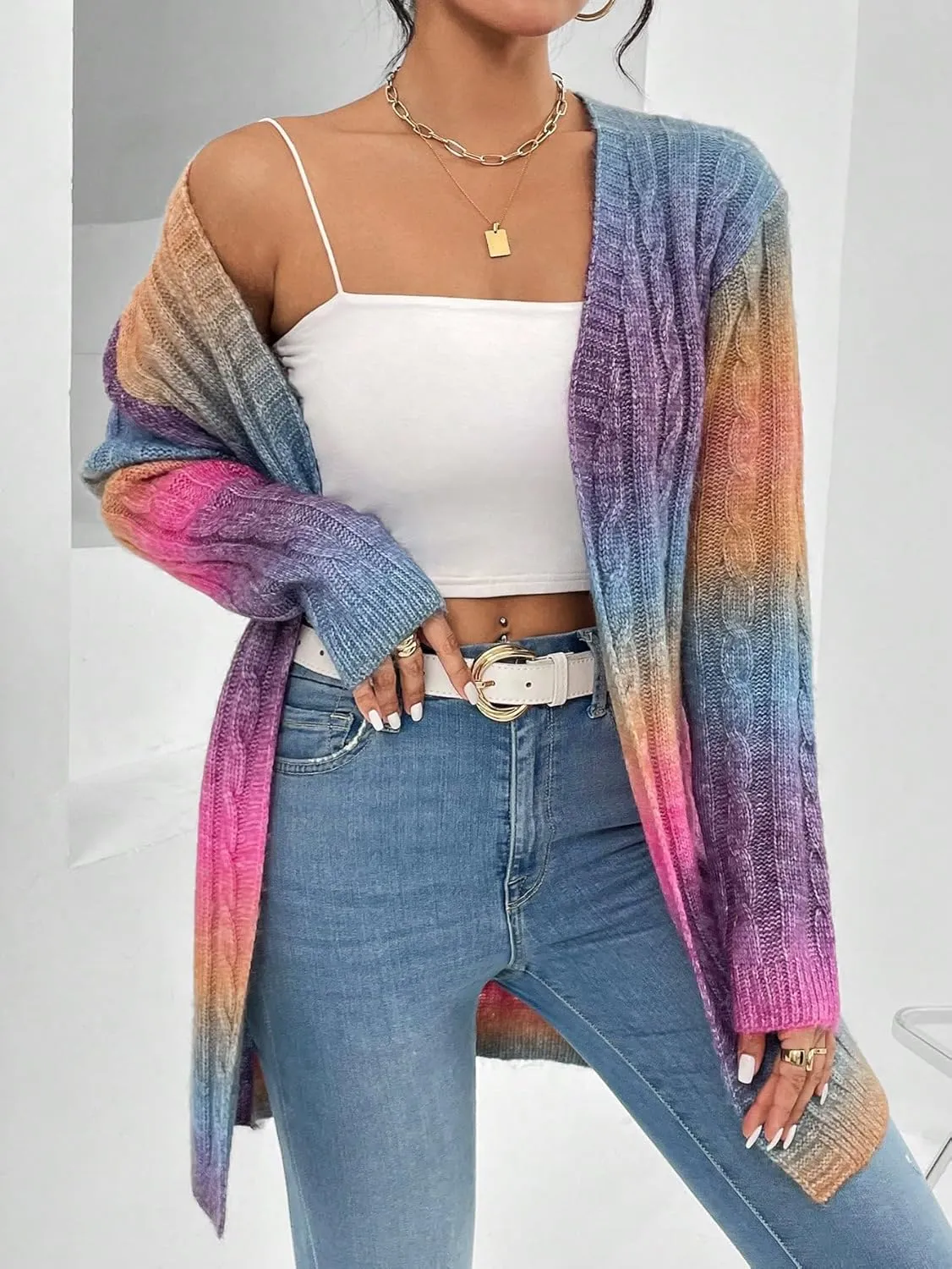 Women's Ombre Print Knitted Cardigan Sweater Long Sleeve Open Front Loose Outwear