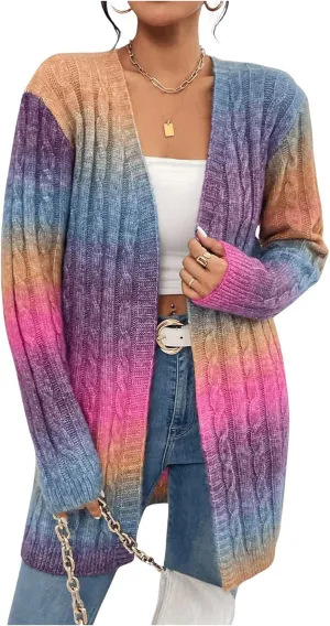 Women's Ombre Print Knitted Cardigan Sweater Long Sleeve Open Front Loose Outwear
