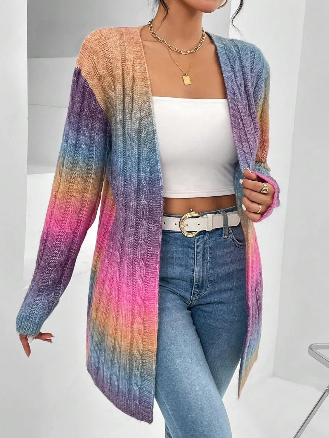 Women's Ombre Print Knitted Cardigan Sweater Long Sleeve Open Front Loose Outwear