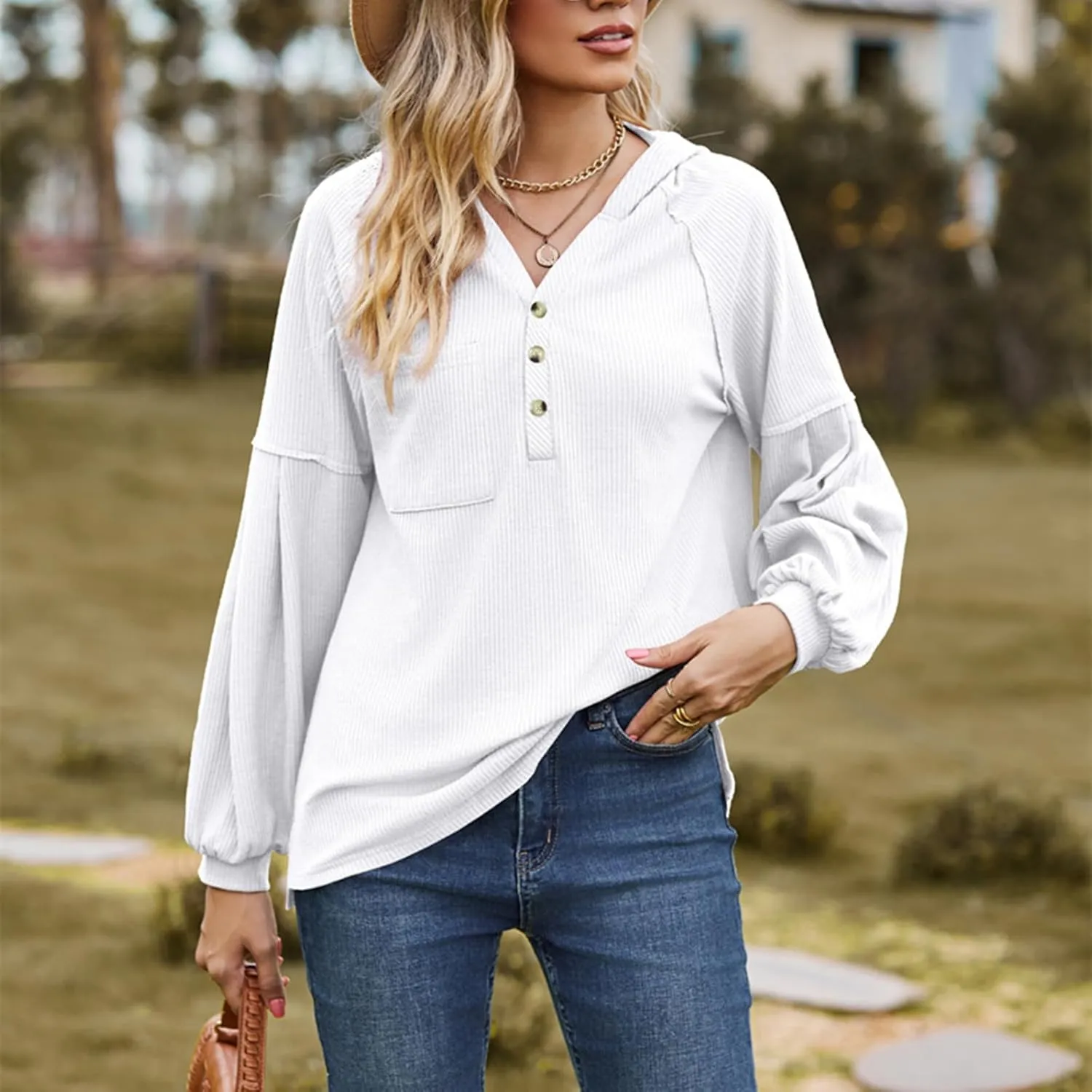 Women's Oversized Hoodies Sweatshirts,Solid Loose Pullover Long-Sleeved T-shirt,Casual Button V Neck Hooded Tops