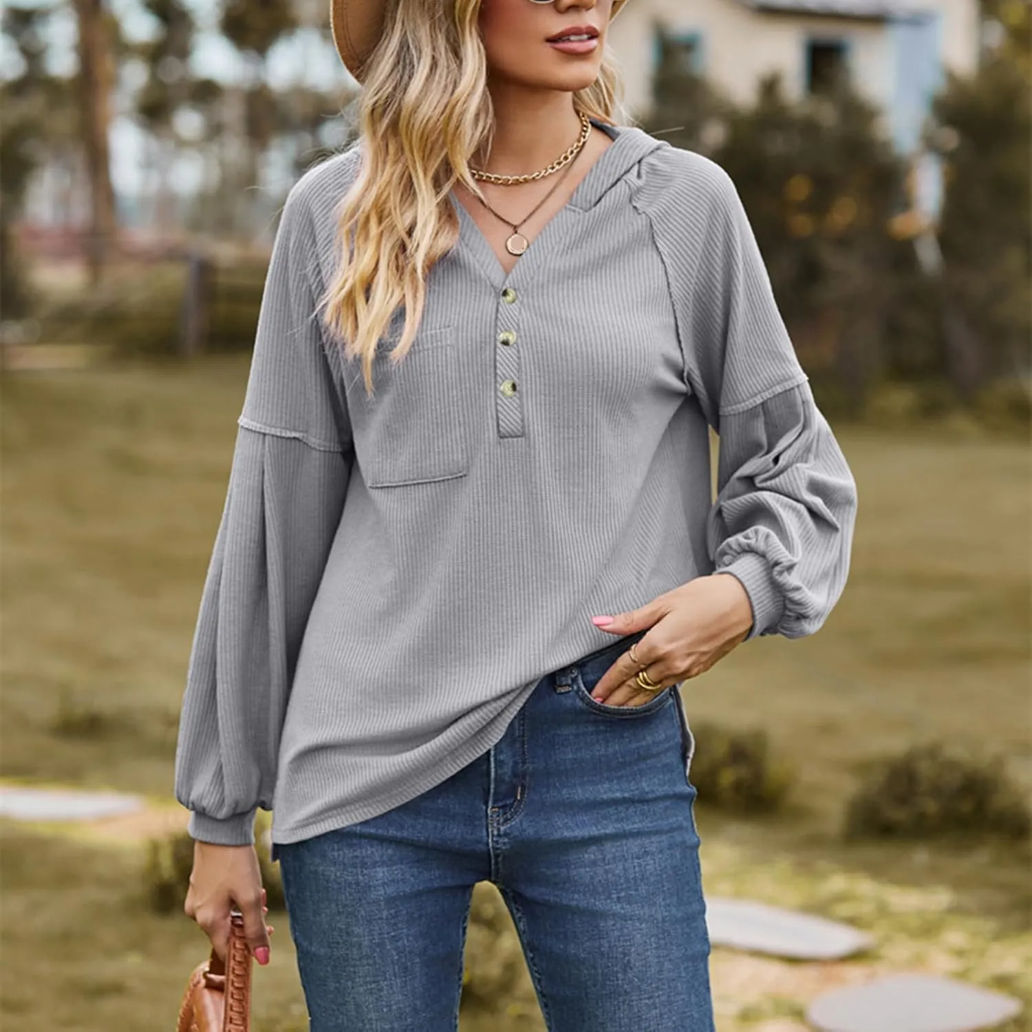Women's Oversized Hoodies Sweatshirts,Solid Loose Pullover Long-Sleeved T-shirt,Casual Button V Neck Hooded Tops