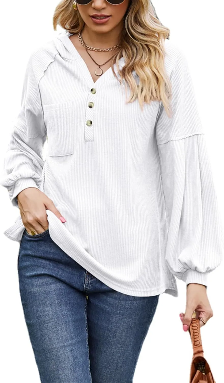 Women's Oversized Hoodies Sweatshirts,Solid Loose Pullover Long-Sleeved T-shirt,Casual Button V Neck Hooded Tops