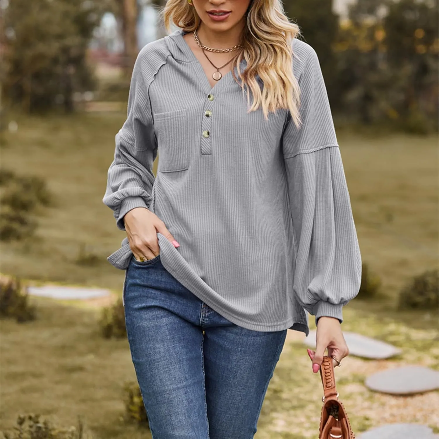 Women's Oversized Hoodies Sweatshirts,Solid Loose Pullover Long-Sleeved T-shirt,Casual Button V Neck Hooded Tops