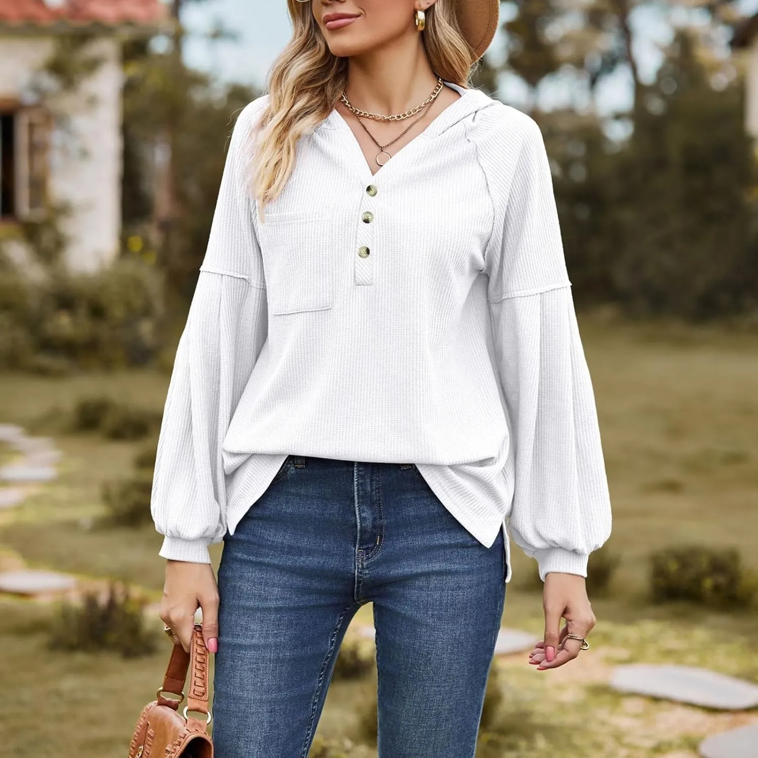 Women's Oversized Hoodies Sweatshirts,Solid Loose Pullover Long-Sleeved T-shirt,Casual Button V Neck Hooded Tops