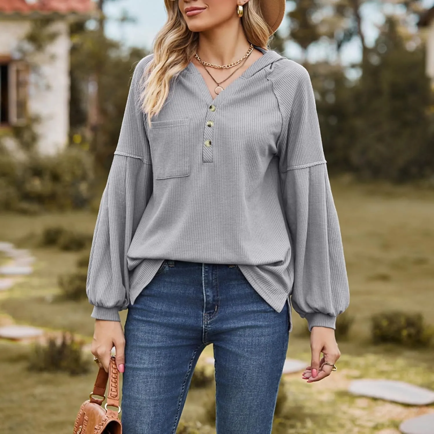 Women's Oversized Hoodies Sweatshirts,Solid Loose Pullover Long-Sleeved T-shirt,Casual Button V Neck Hooded Tops