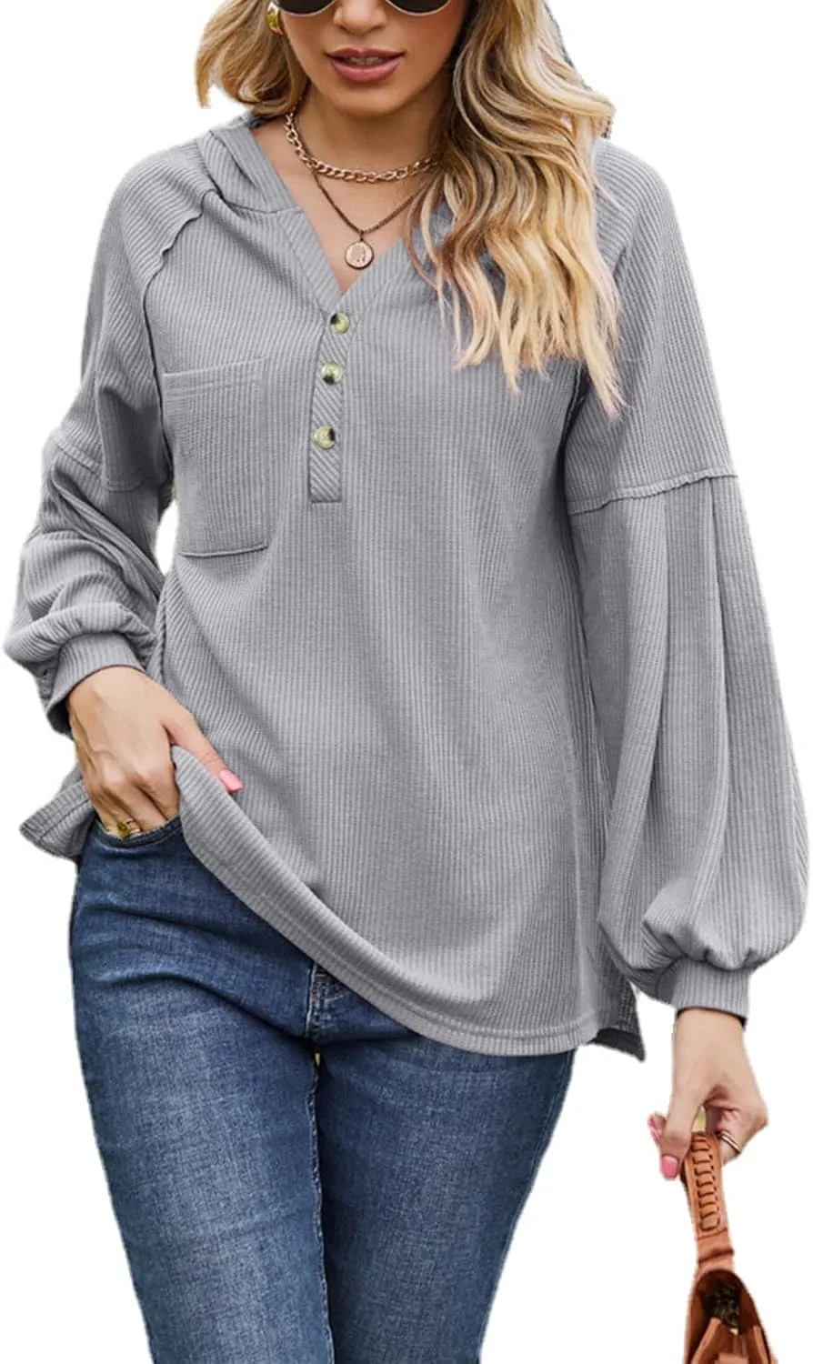 Women's Oversized Hoodies Sweatshirts,Solid Loose Pullover Long-Sleeved T-shirt,Casual Button V Neck Hooded Tops