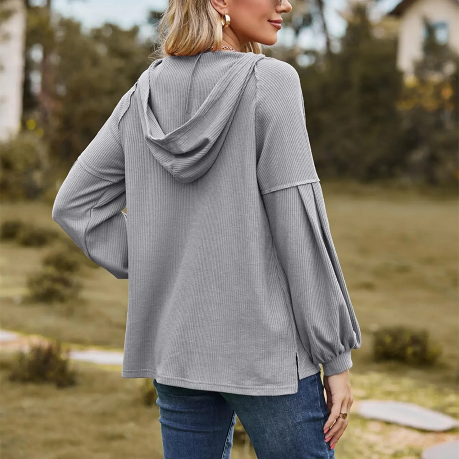 Women's Oversized Hoodies Sweatshirts,Solid Loose Pullover Long-Sleeved T-shirt,Casual Button V Neck Hooded Tops