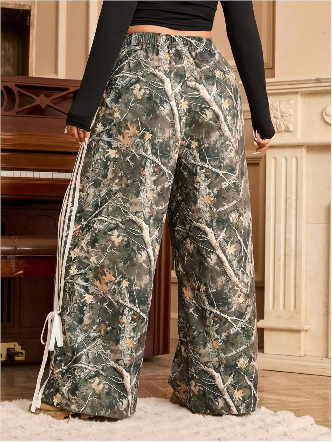 Women's Plus Size Y2K Camo Baggy Pants Bow Striped Track Pant Elastic Waist Sweatpants Striped Wide Leg Pants