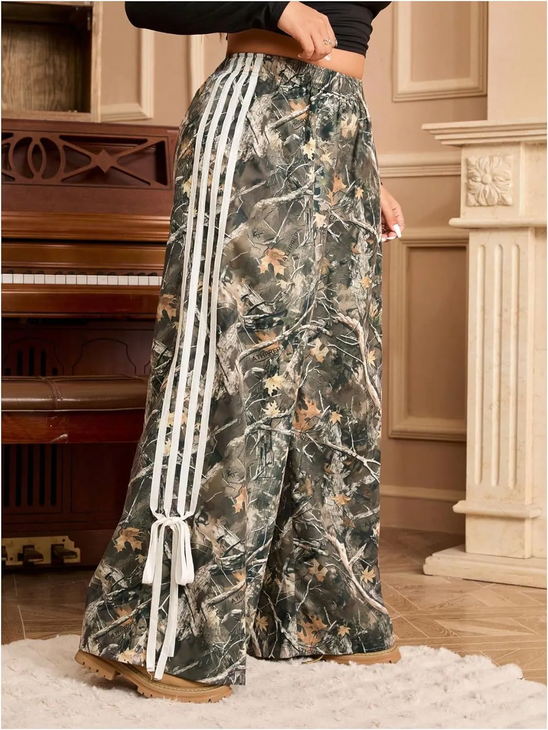 Women's Plus Size Y2K Camo Baggy Pants Bow Striped Track Pant Elastic Waist Sweatpants Striped Wide Leg Pants
