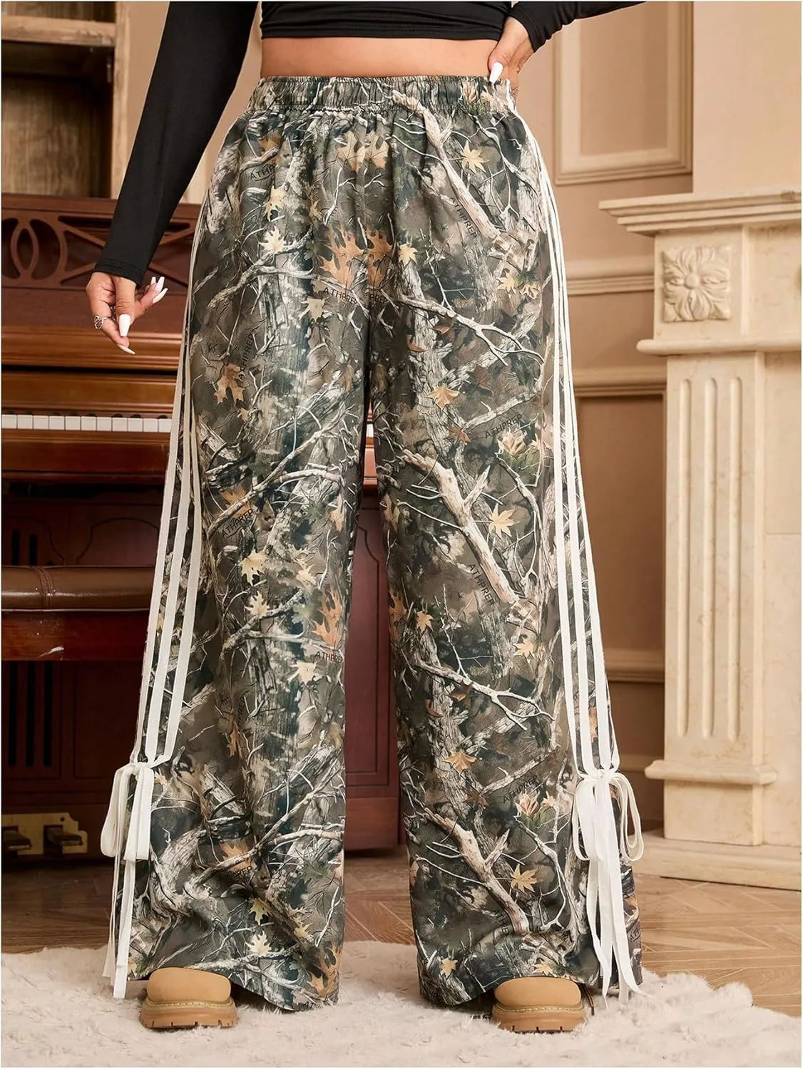 Women's Plus Size Y2K Camo Baggy Pants Bow Striped Track Pant Elastic Waist Sweatpants Striped Wide Leg Pants