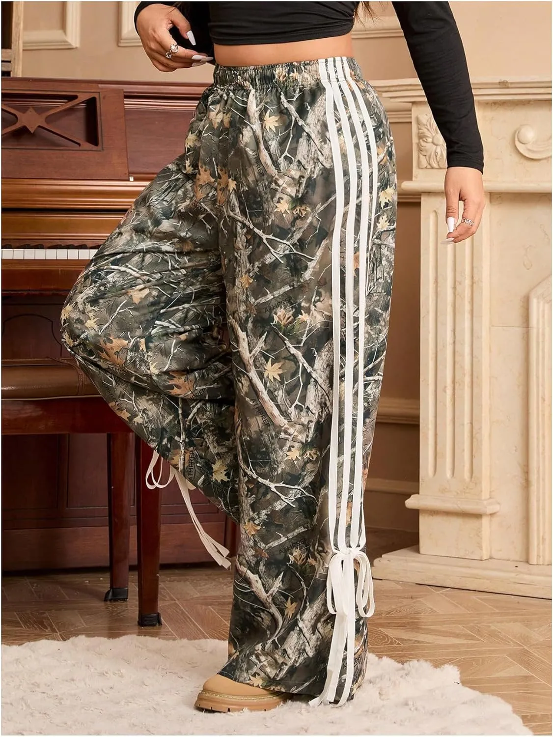 Women's Plus Size Y2K Camo Baggy Pants Bow Striped Track Pant Elastic Waist Sweatpants Striped Wide Leg Pants