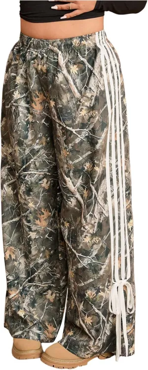 Women's Plus Size Y2K Camo Baggy Pants Bow Striped Track Pant Elastic Waist Sweatpants Striped Wide Leg Pants