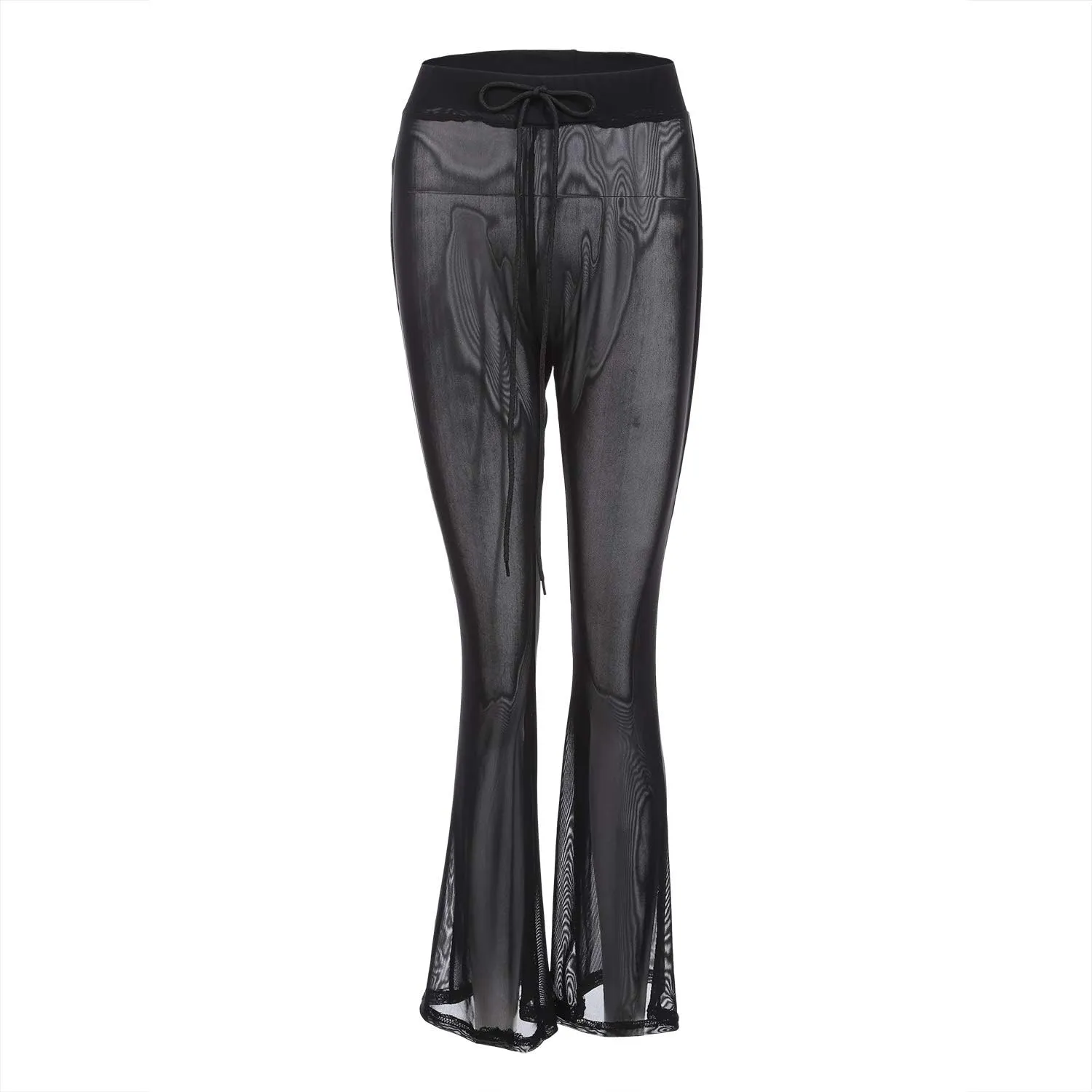 Womens See Through Sheer Mesh Chiffon Beach Pants Wide Leg High Waist Flared Bikini Bottom Cover-Ups