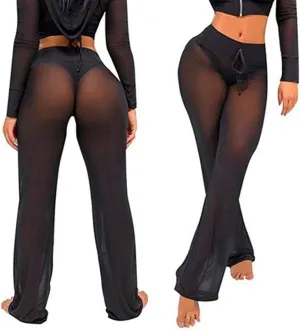 Womens See Through Sheer Mesh Chiffon Beach Pants Wide Leg High Waist Flared Bikini Bottom Cover-Ups