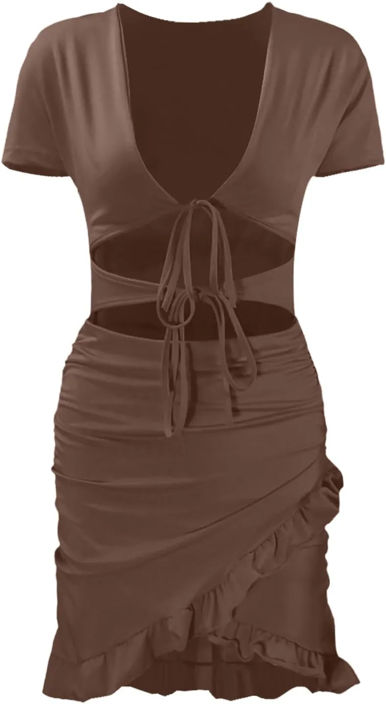 Women's Sexy Tie Up Ruched Mini Dress Bag Hip Slim Fit Layered Ruffle Hem Holow Out Front Y2k Going Out Summer Dress