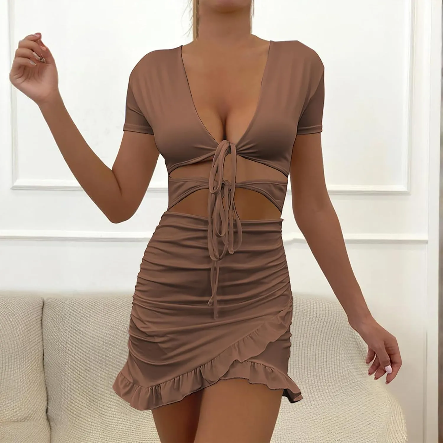 Women's Sexy Tie Up Ruched Mini Dress Bag Hip Slim Fit Layered Ruffle Hem Holow Out Front Y2k Going Out Summer Dress