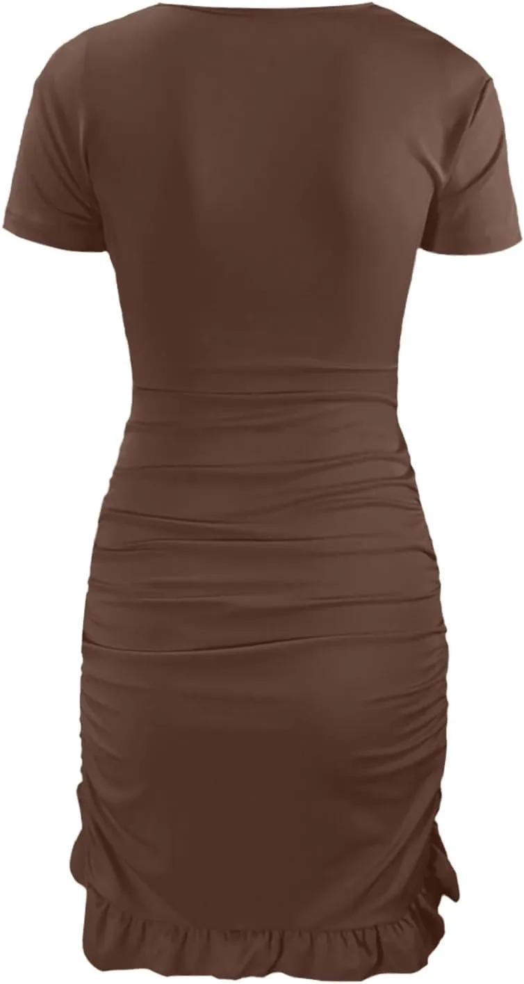 Women's Sexy Tie Up Ruched Mini Dress Bag Hip Slim Fit Layered Ruffle Hem Holow Out Front Y2k Going Out Summer Dress