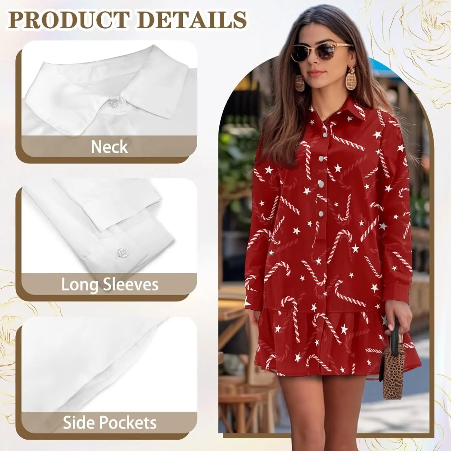 Women's Shirt Dress Long Sleeve Button Down Tunic Ruffle Shift Mini Dresses Loose Casual Work Dresses with Pockets