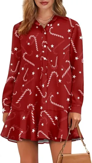 Women's Shirt Dress Long Sleeve Button Down Tunic Ruffle Shift Mini Dresses Loose Casual Work Dresses with Pockets