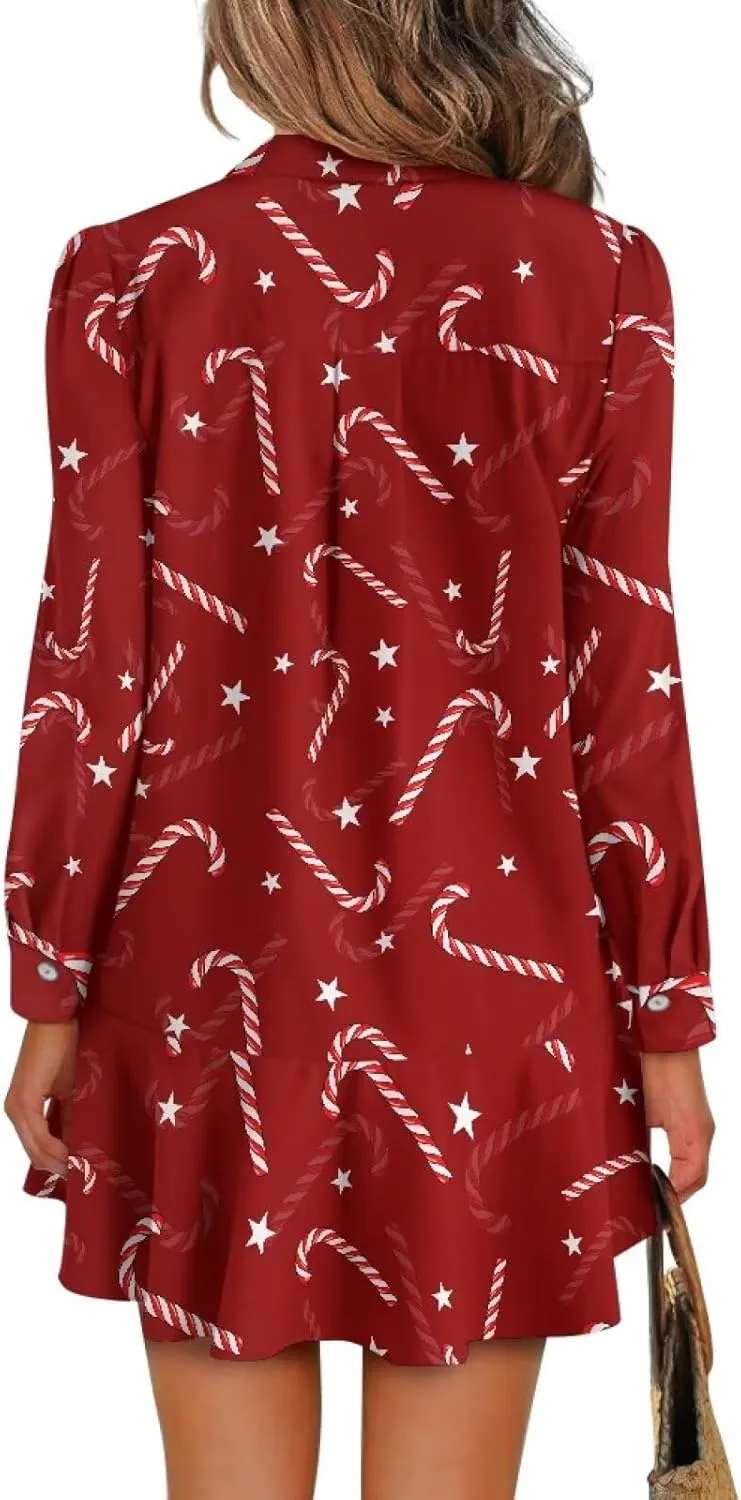 Women's Shirt Dress Long Sleeve Button Down Tunic Ruffle Shift Mini Dresses Loose Casual Work Dresses with Pockets