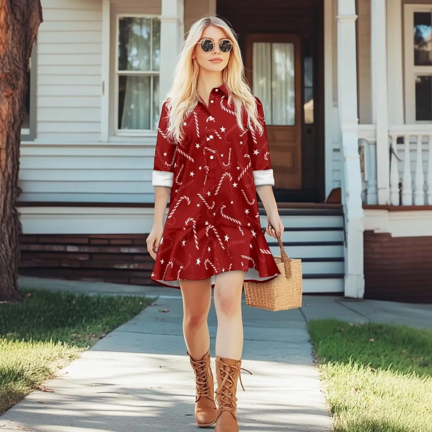 Women's Shirt Dress Long Sleeve Button Down Tunic Ruffle Shift Mini Dresses Loose Casual Work Dresses with Pockets