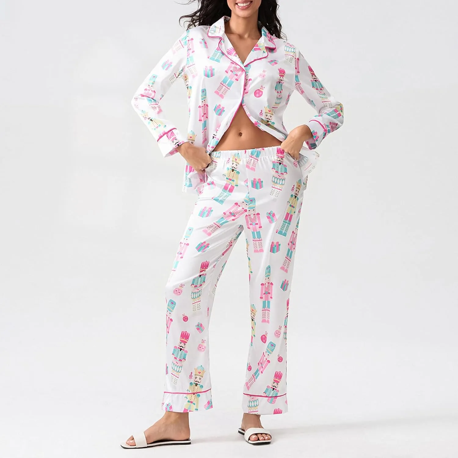 Womens Silk Satin Pajama Set Y2k Christmas Nutcracker Long Sleeve Shirt Tops and Wide Leg Pants Sleepwear
