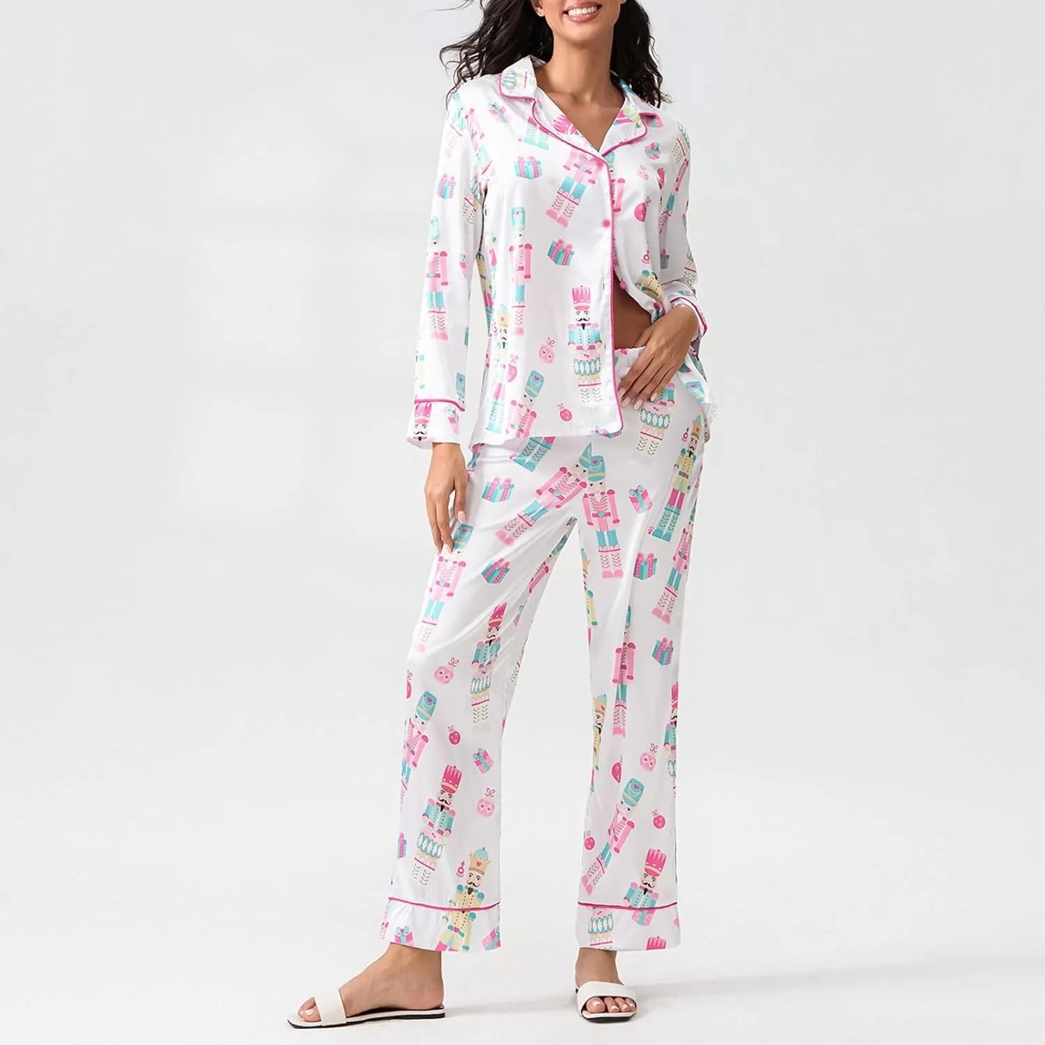 Womens Silk Satin Pajama Set Y2k Christmas Nutcracker Long Sleeve Shirt Tops and Wide Leg Pants Sleepwear