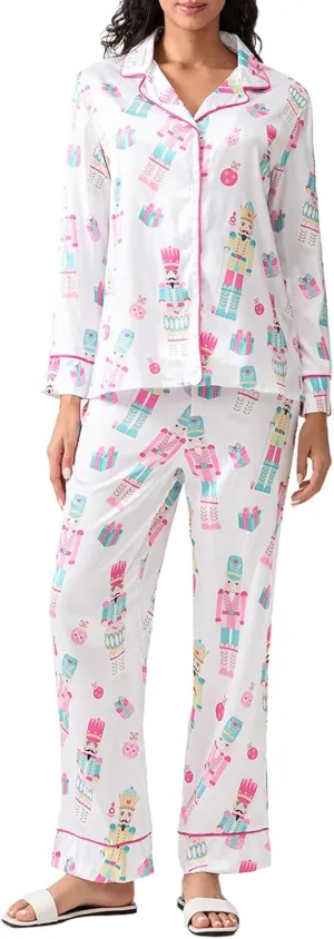 Womens Silk Satin Pajama Set Y2k Christmas Nutcracker Long Sleeve Shirt Tops and Wide Leg Pants Sleepwear