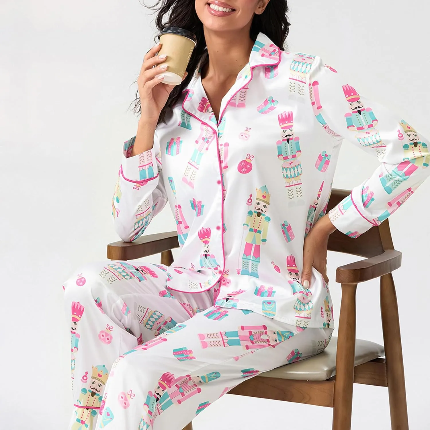 Womens Silk Satin Pajama Set Y2k Christmas Nutcracker Long Sleeve Shirt Tops and Wide Leg Pants Sleepwear