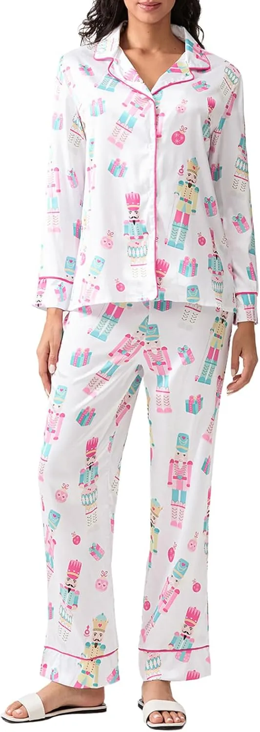 Womens Silk Satin Pajama Set Y2k Christmas Nutcracker Long Sleeve Shirt Tops and Wide Leg Pants Sleepwear
