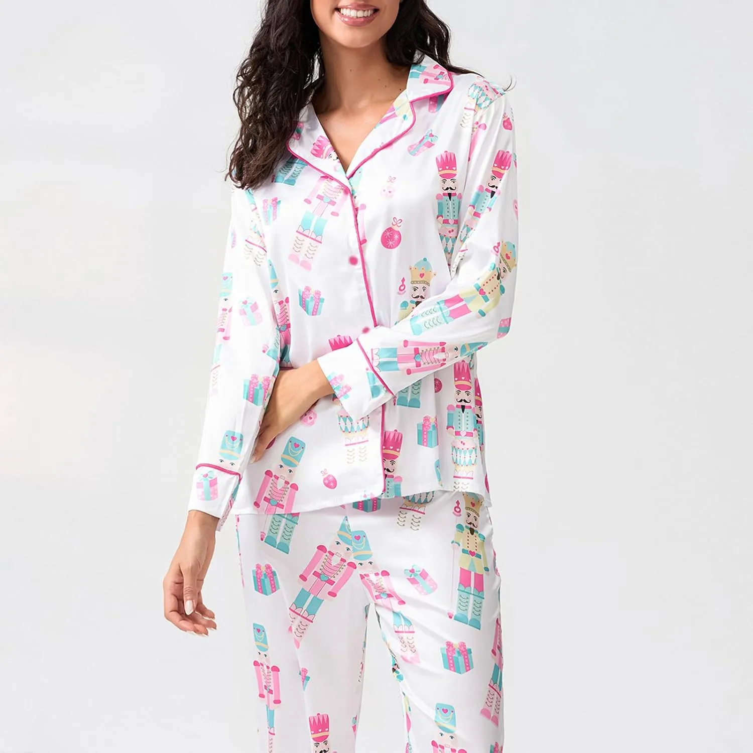 Womens Silk Satin Pajama Set Y2k Christmas Nutcracker Long Sleeve Shirt Tops and Wide Leg Pants Sleepwear