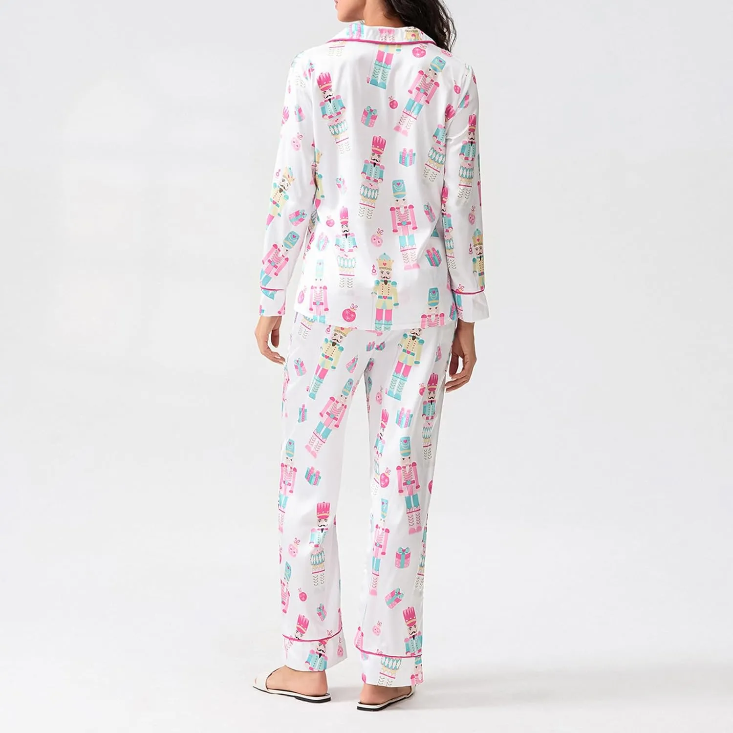 Womens Silk Satin Pajama Set Y2k Christmas Nutcracker Long Sleeve Shirt Tops and Wide Leg Pants Sleepwear