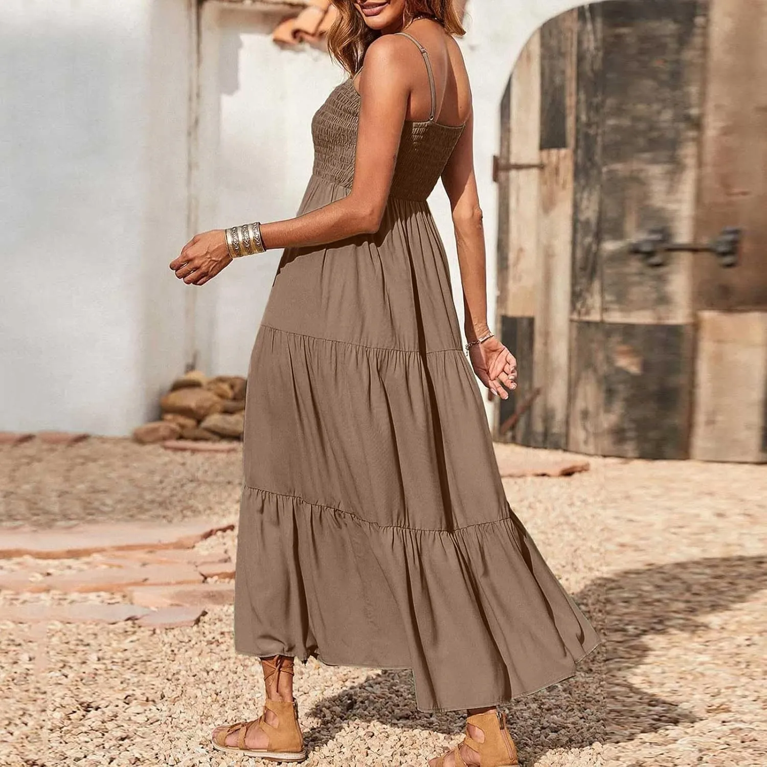 Women's Spaghetti Strap Tiered Dress A-Line Summer Sleeveless Ribbed Knit Sundresses Flowy Beach Vacation Midi Dresses