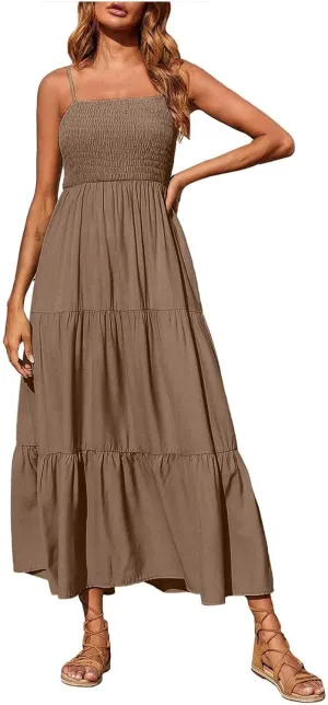 Women's Spaghetti Strap Tiered Dress A-Line Summer Sleeveless Ribbed Knit Sundresses Flowy Beach Vacation Midi Dresses