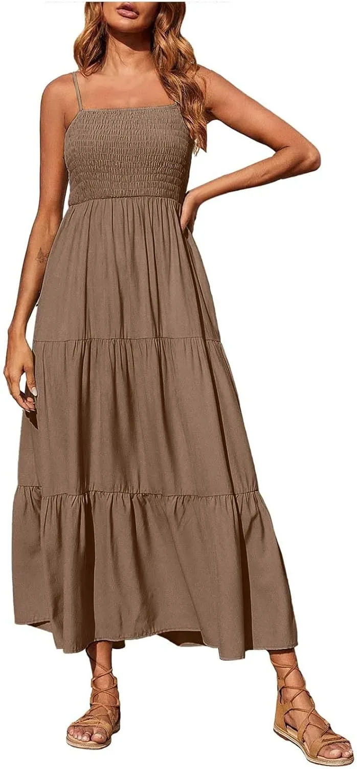 Women's Spaghetti Strap Tiered Dress A-Line Summer Sleeveless Ribbed Knit Sundresses Flowy Beach Vacation Midi Dresses